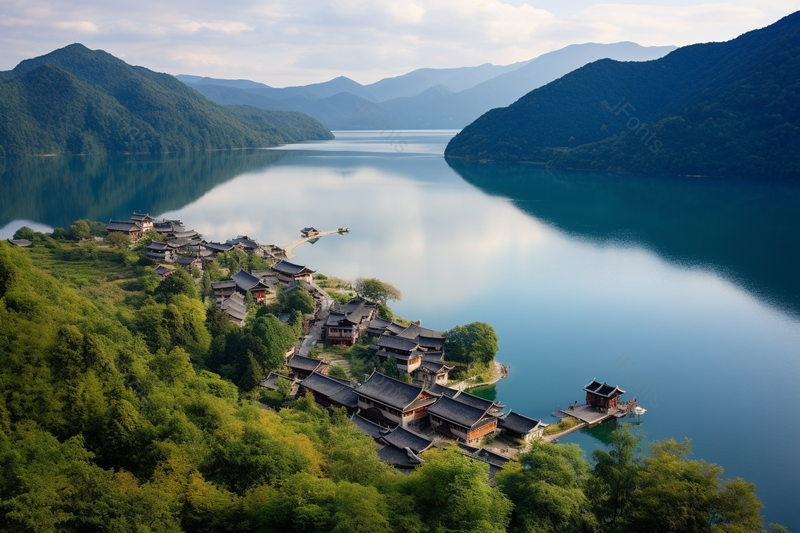 蓝色的湖水天空远山清晰的摄影图高清的图片水面湖边的古建筑群绿色树林,高清,摄影图,摄影图片,图片大全,摄影图免费下载